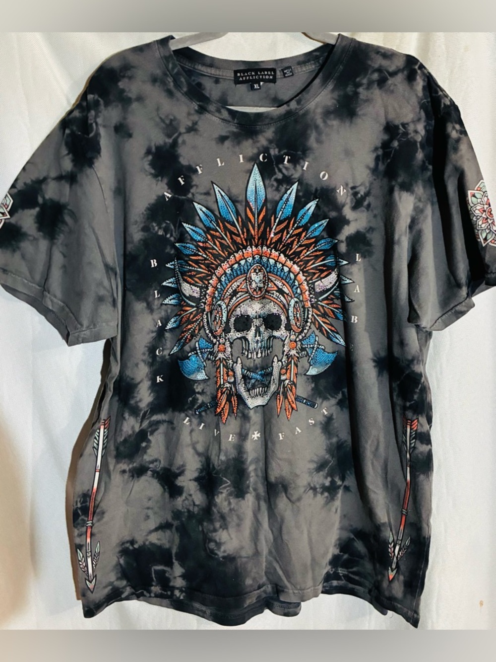 Affliction Tie Dye T Shirt  XL Indian Head Skull Grunge Streetwear Black Label